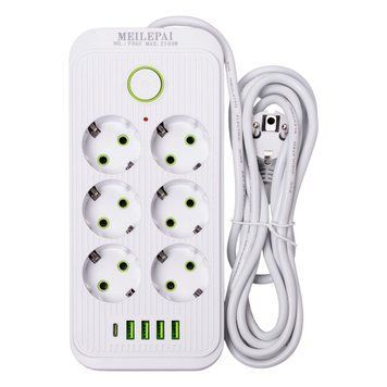Мережевий фільтр-подовжувач SMART 6 розеток 5 USB 3 метри, білий Yiwu AMB-001247 фото