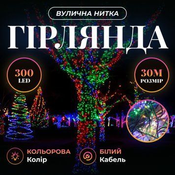Гірлянда Нитка вулична 300 LED 30 м від мережі біла нитка, мультиколір GarlandoPro AMB-000652 фото
