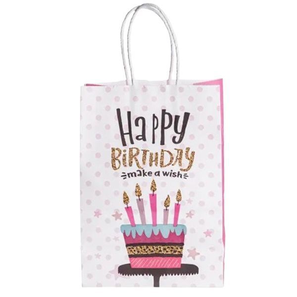 Подарунковий пакет Happy Birthday 15*8*21 см 12 штук в упаковці, рожевий з білим Yiwu AMB-000514 фото