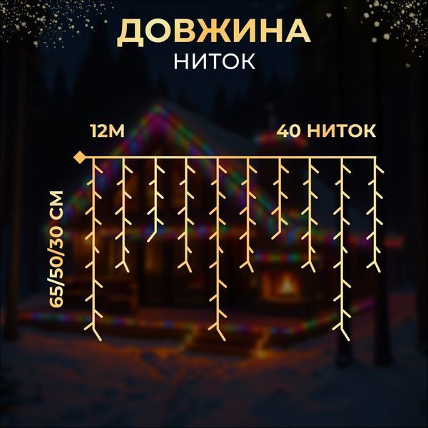 Гірлянда Бахрома вулична 200 LED 12 м від мережі біла нитка, мультиколір GarlandoPro AMB-000615 фото